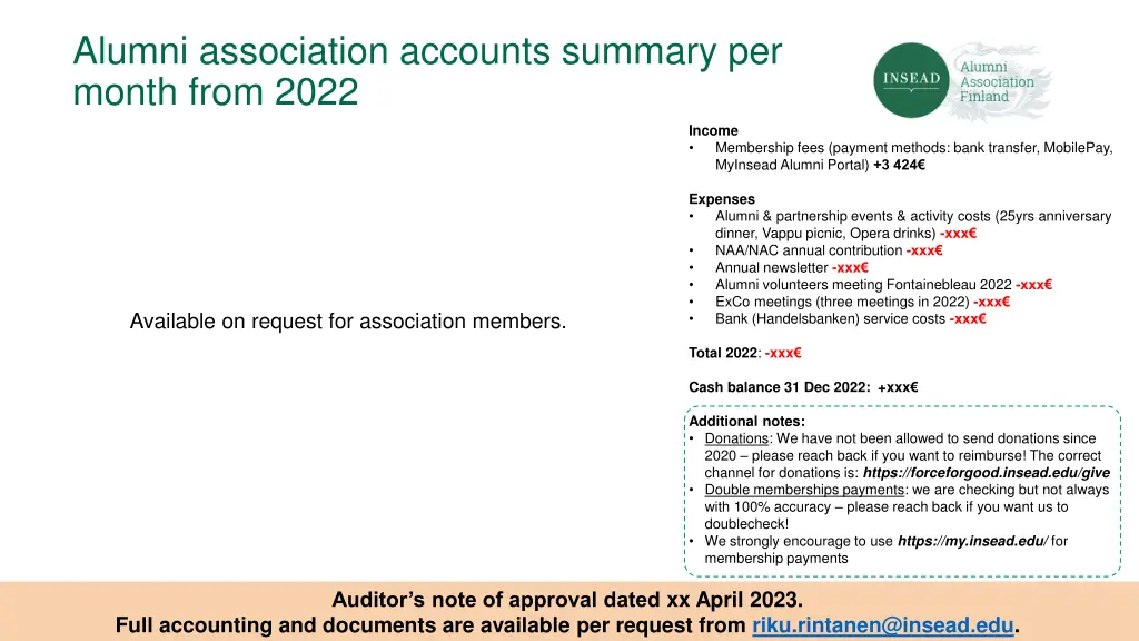 alumni association accounts summary per month