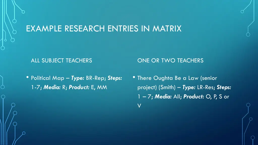 example research entries in matrix