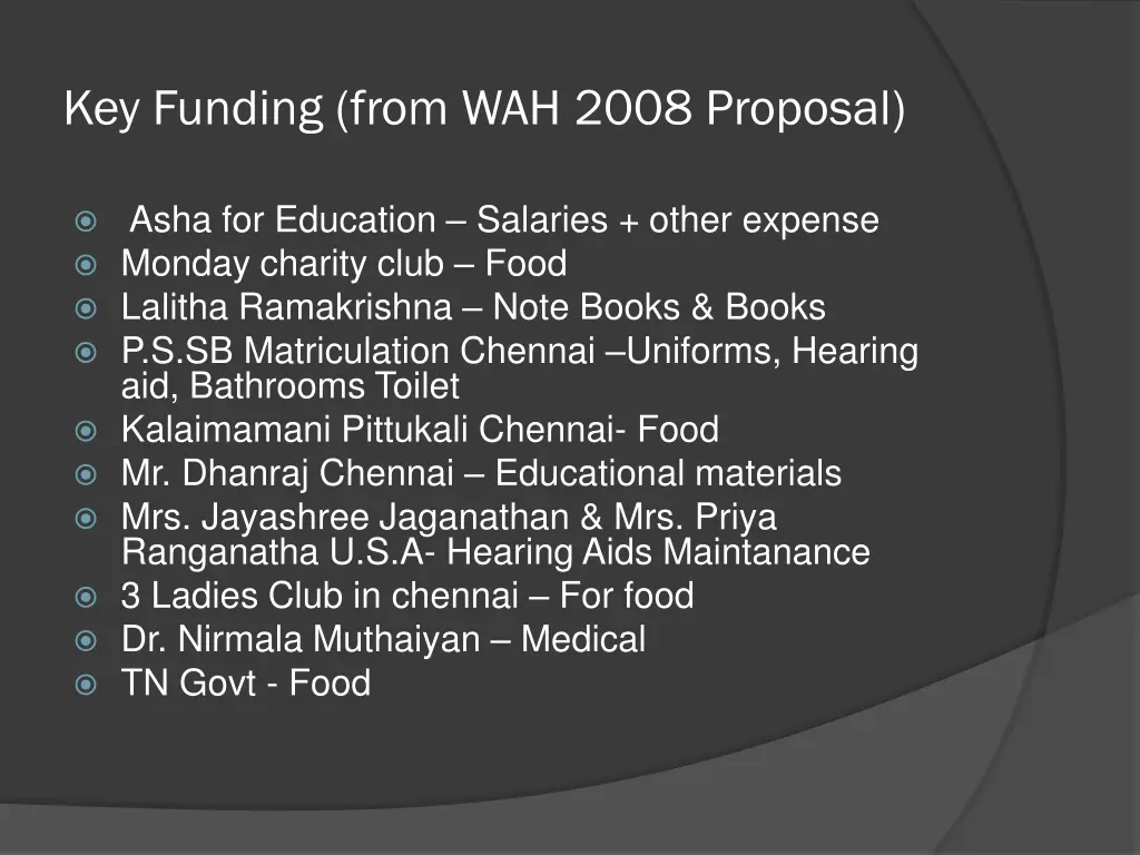 key funding from wah 2008 proposal