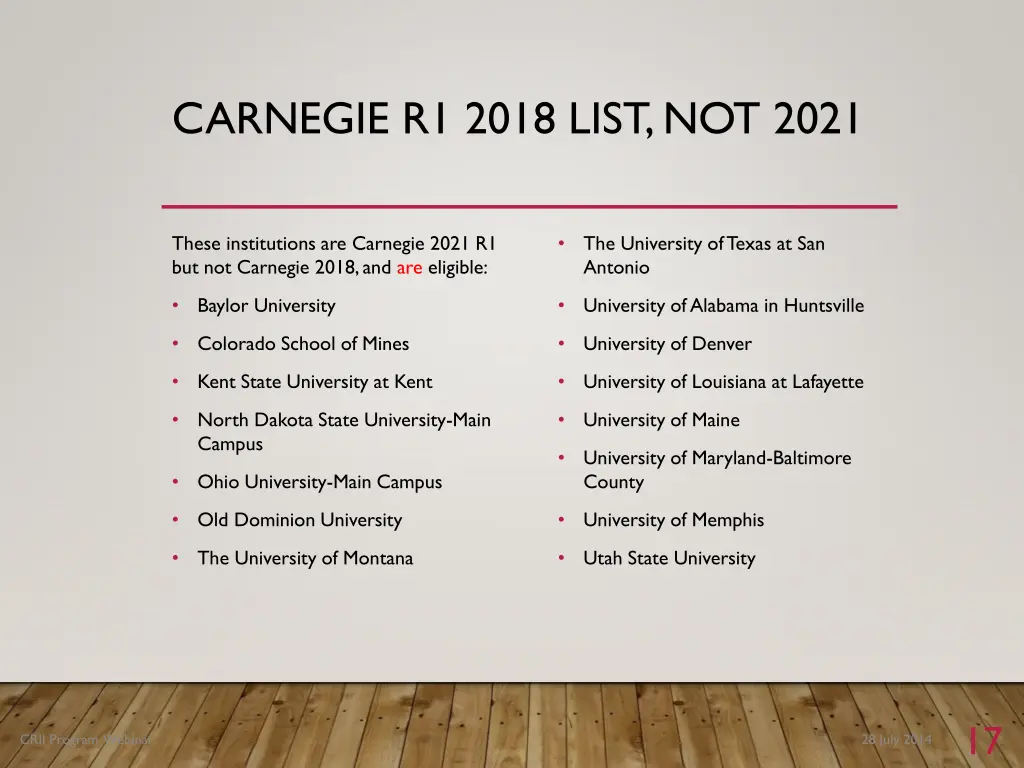 carnegie r1 2018 list not 2021