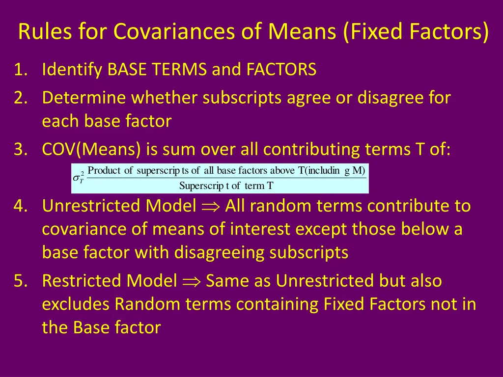 rules for covariances of means fixed factors