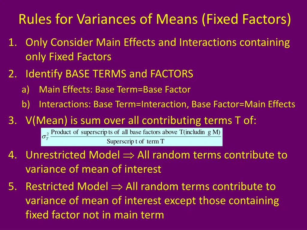 rules for variances of means fixed factors