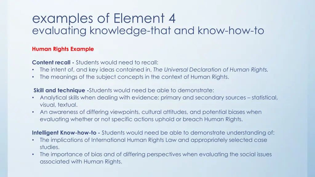 examples of element 4 evaluating knowledge that