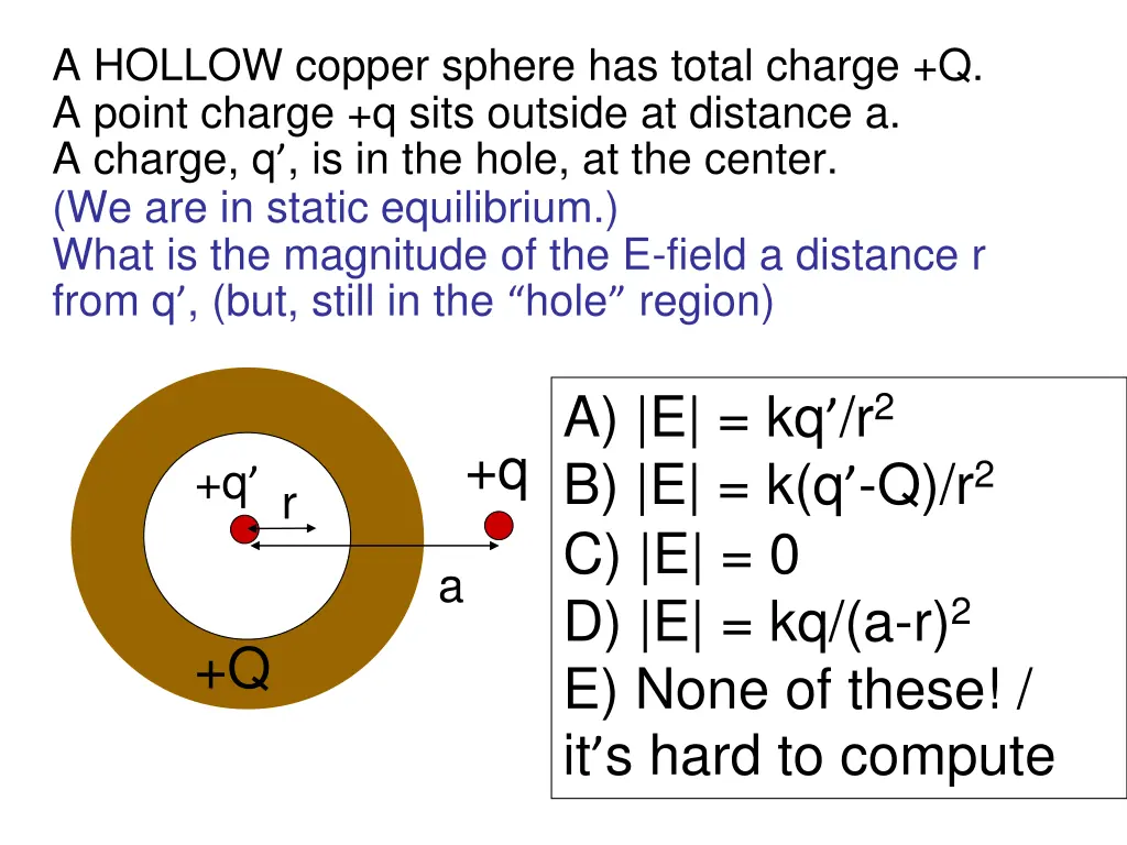 a hollow copper sphere has total charge q a point