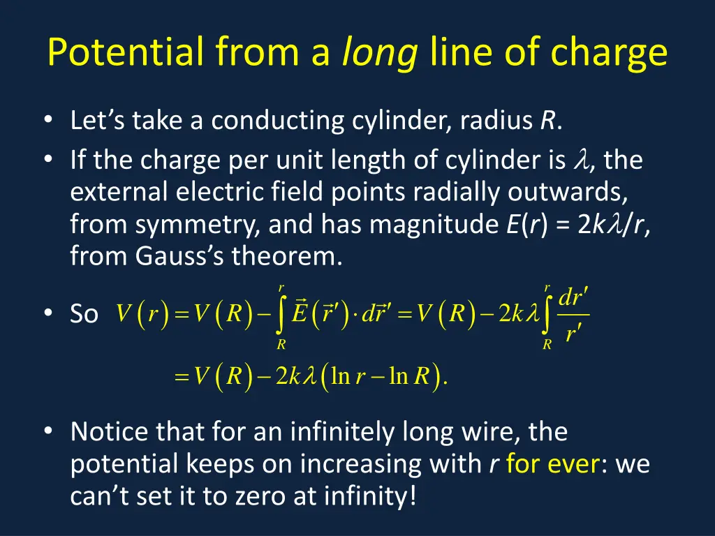 potential from a long line of charge