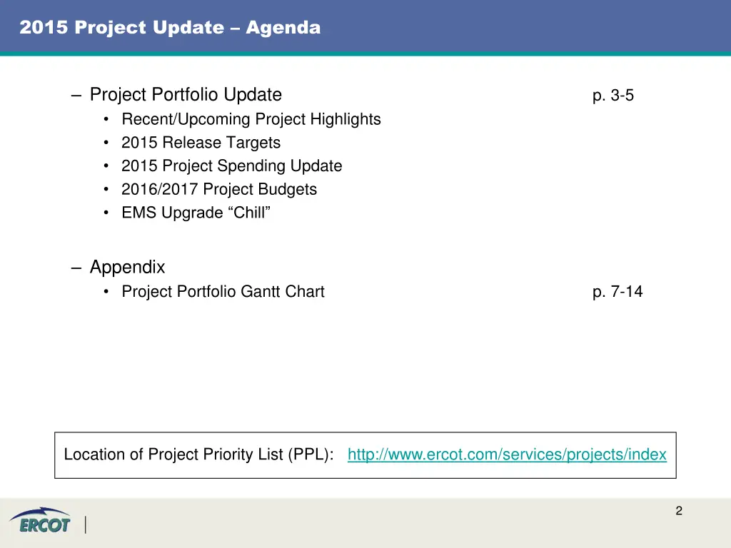 2015 project update agenda