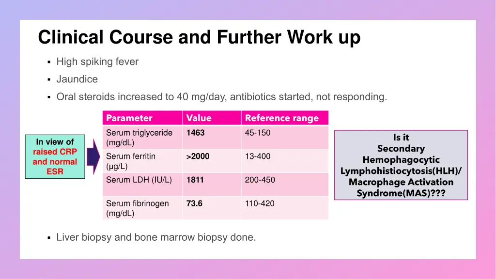 clinical course and further work up