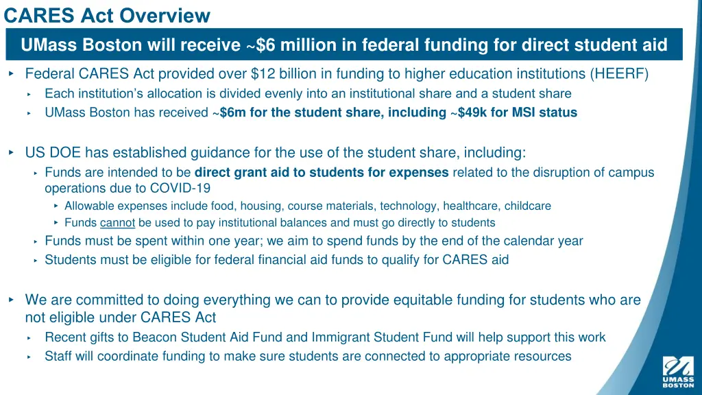 cares act overview umass boston will receive