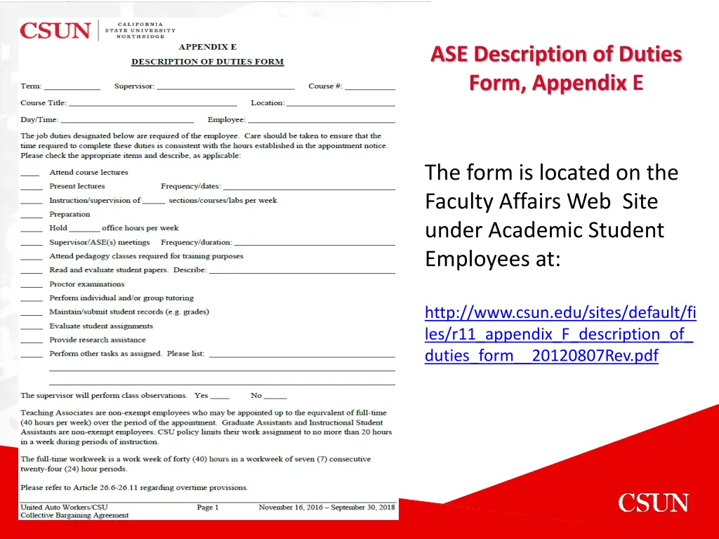 ase description of duties form appendix e