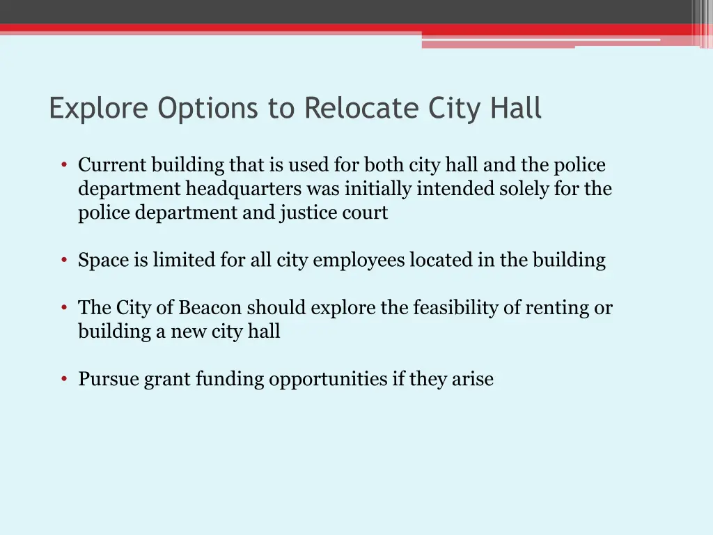 explore options to relocate city hall