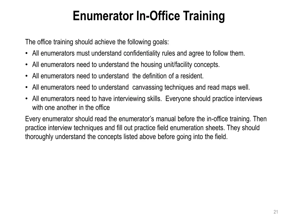 enumerator in office training