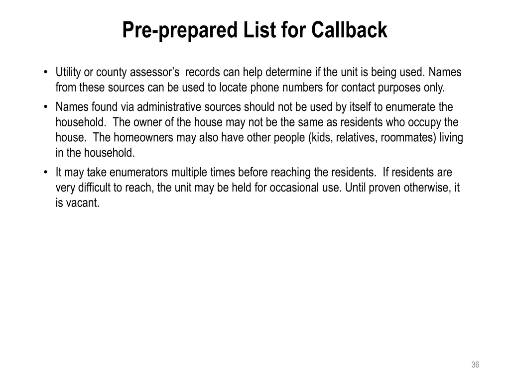 pre prepared list for callback