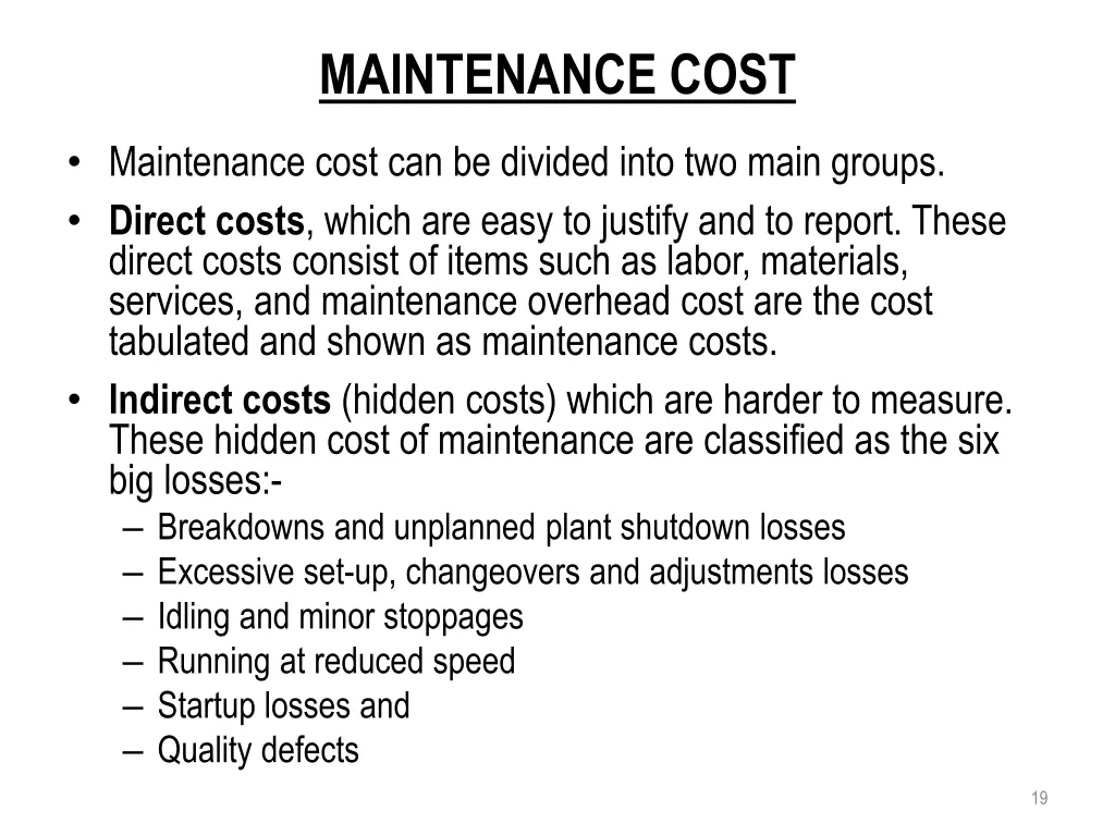 maintenance cost