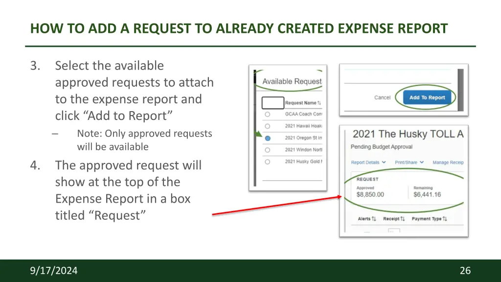 how to add a request to already created expense 1