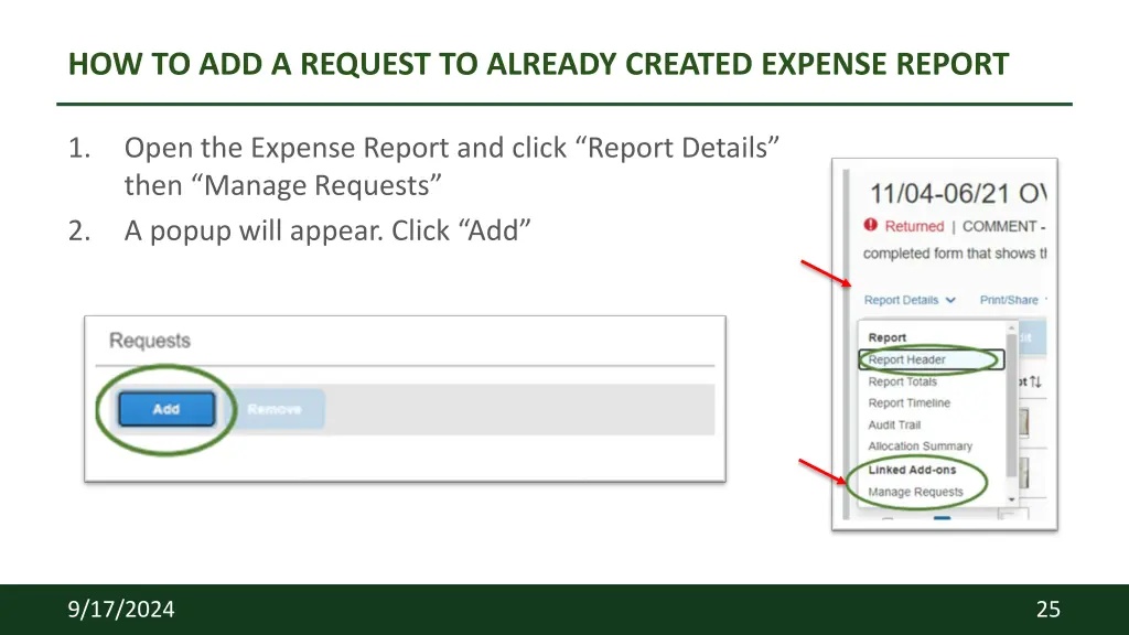 how to add a request to already created expense