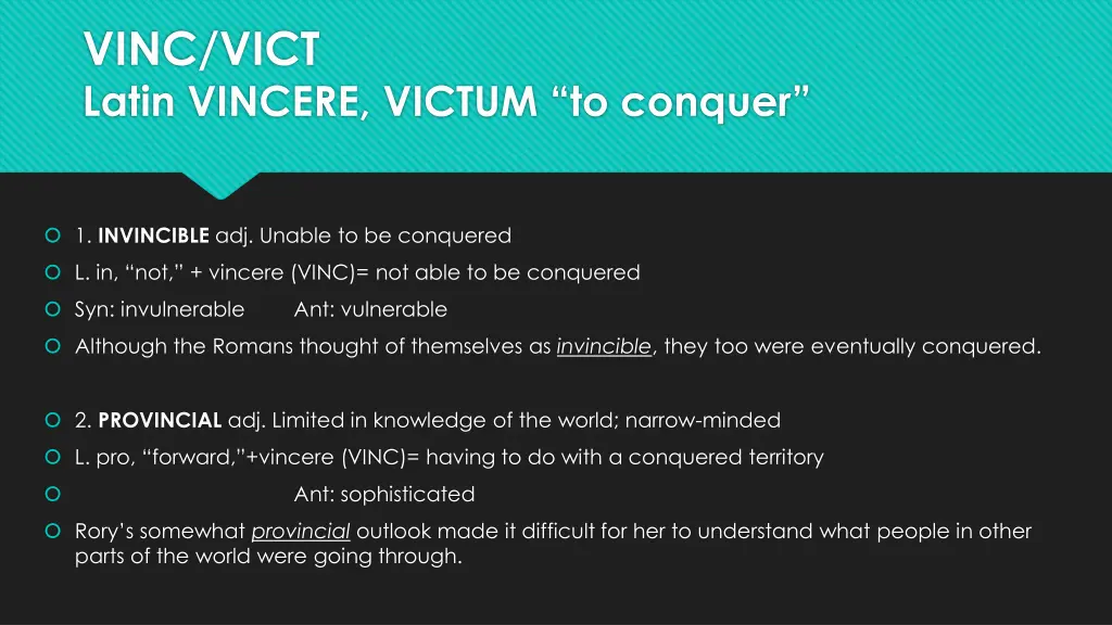 vinc vict latin vincere victum to conquer