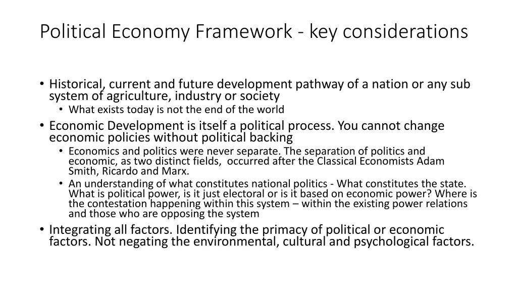 political economy framework key considerations