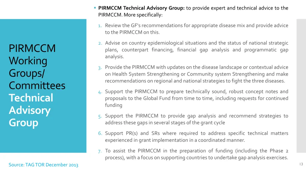 pirmccm technical advisory group to provide