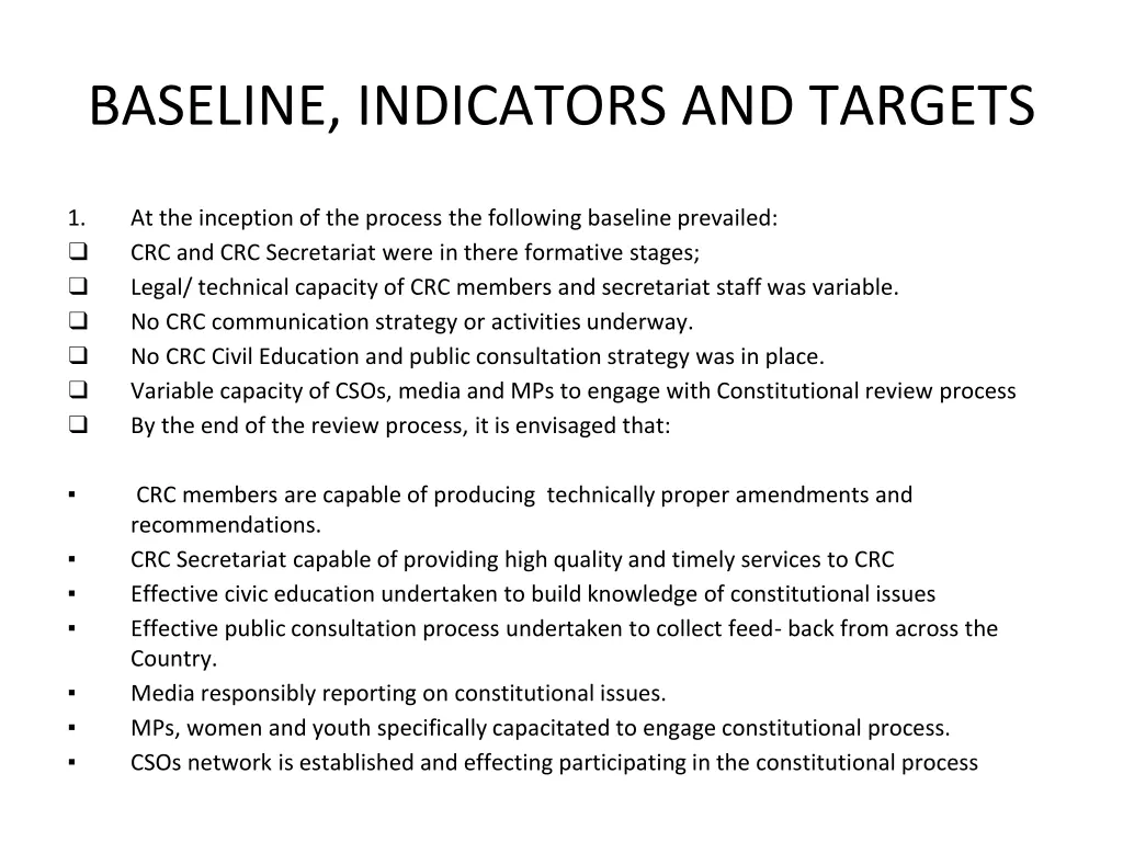 baseline indicators and targets