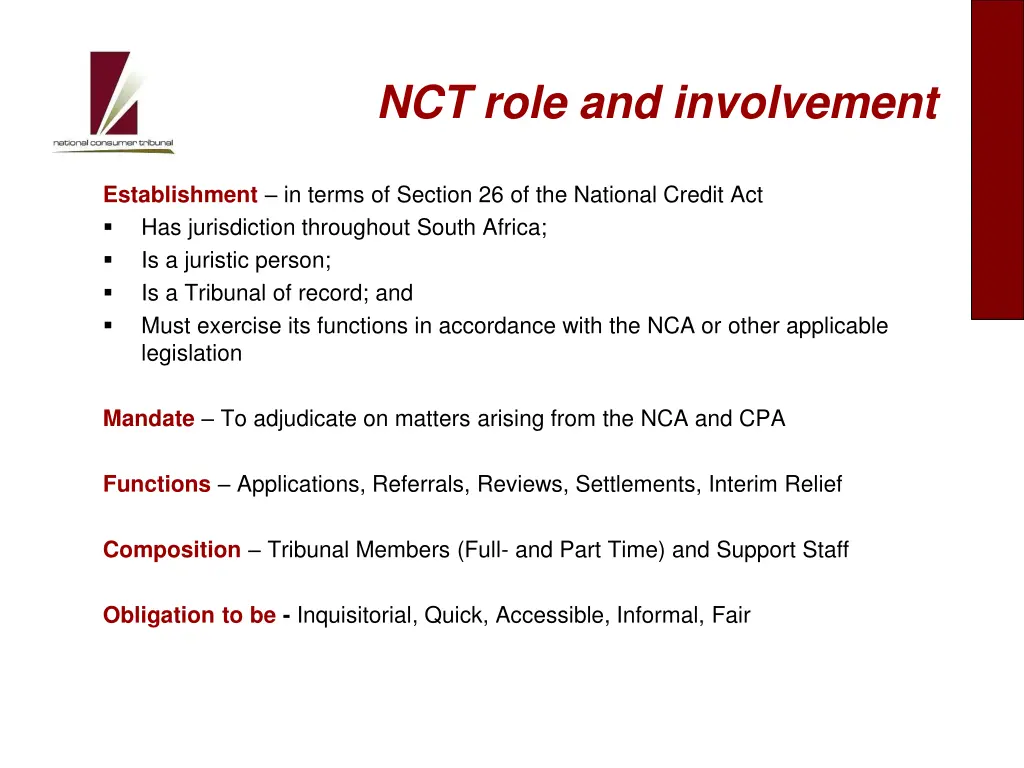 nct role and involvement