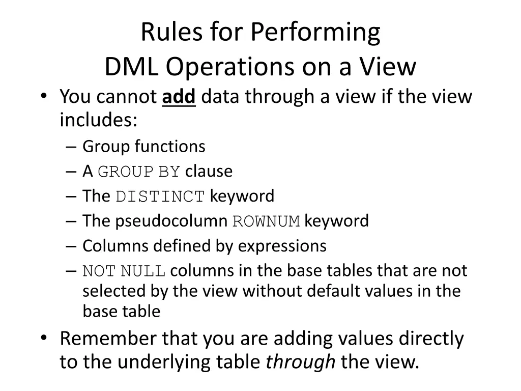 rules for performing dml operations on a view 2