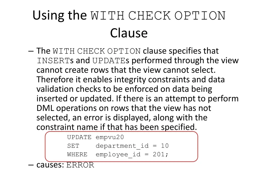 using the with check option clause the with check