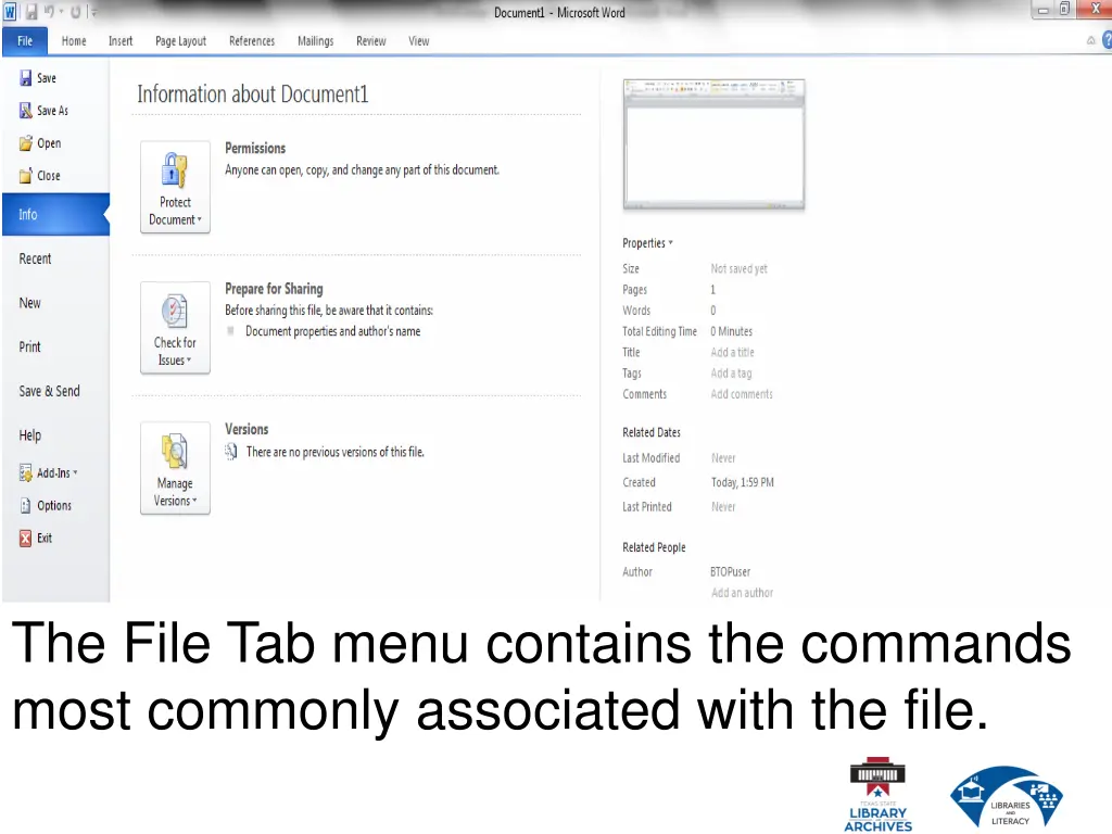 the file tab menu contains the commands most