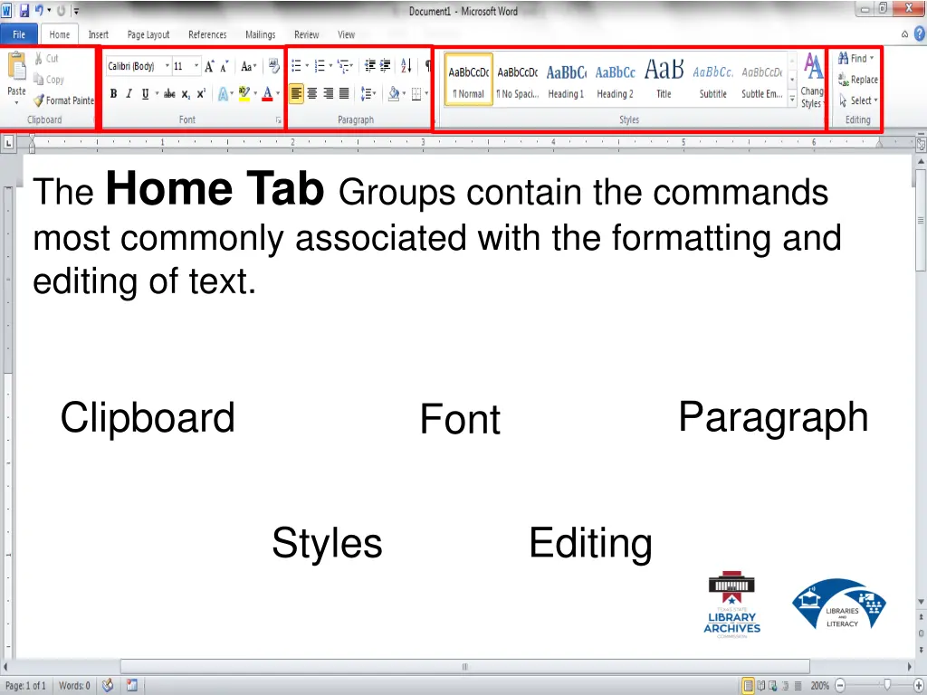 the home tab groups contain the commands most