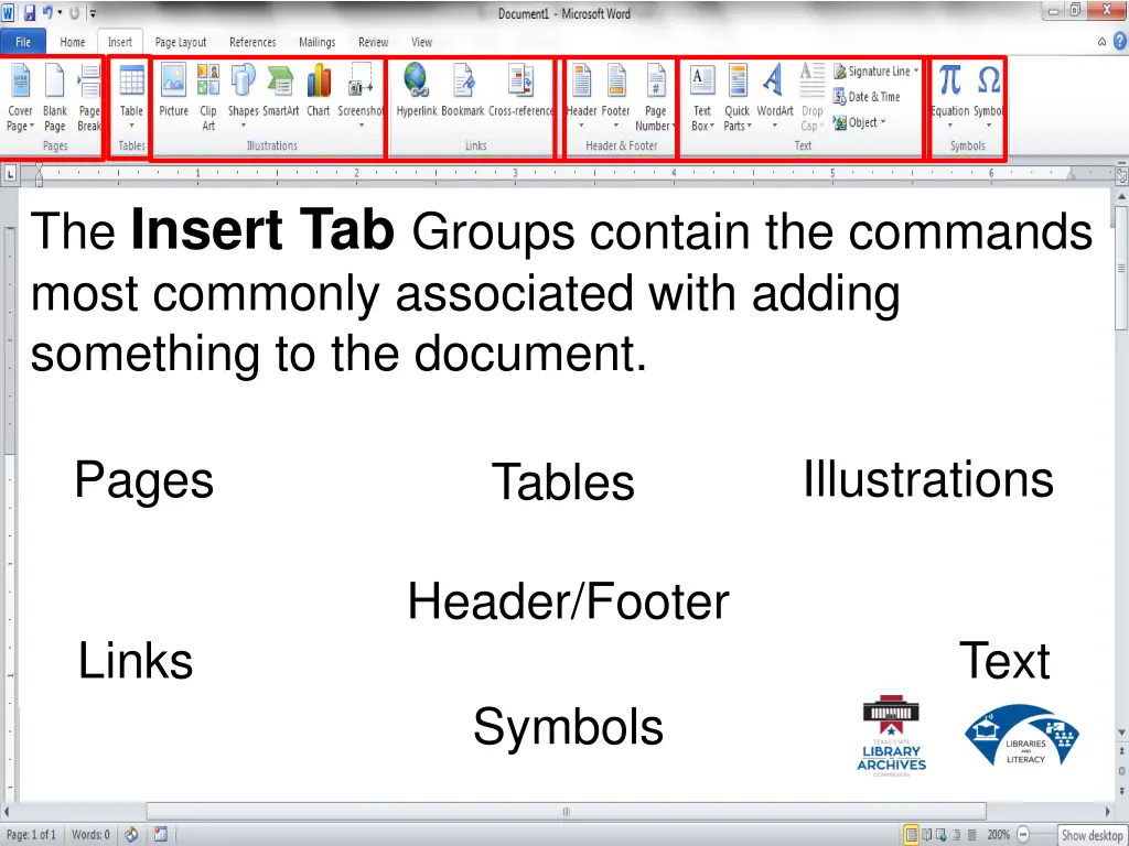 the insert tab groups contain the commands most