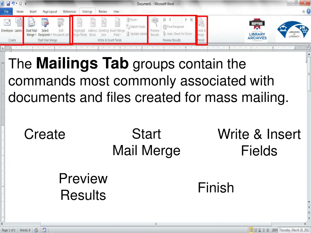 the mailings tab groups contain the commands most