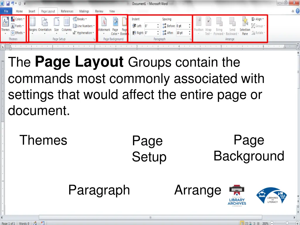 the page layout groups contain the commands most