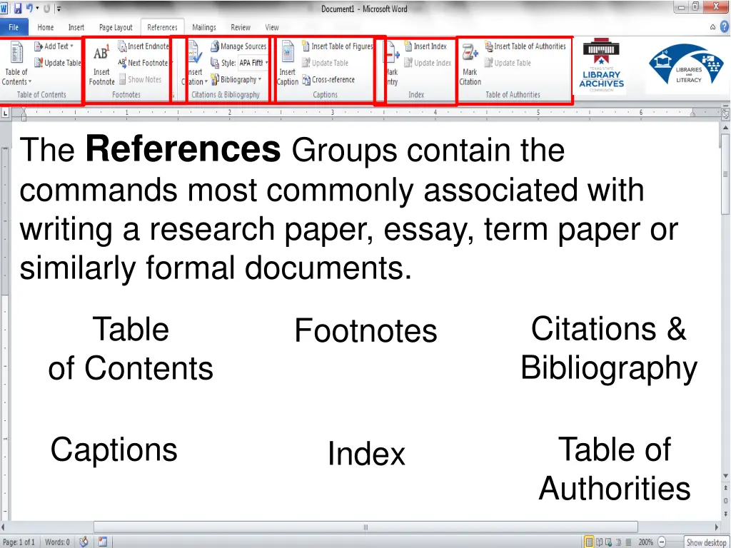 the references groups contain the commands most