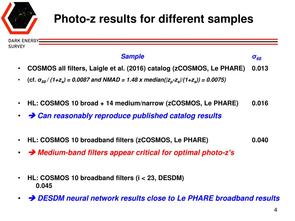 photo z results for different samples