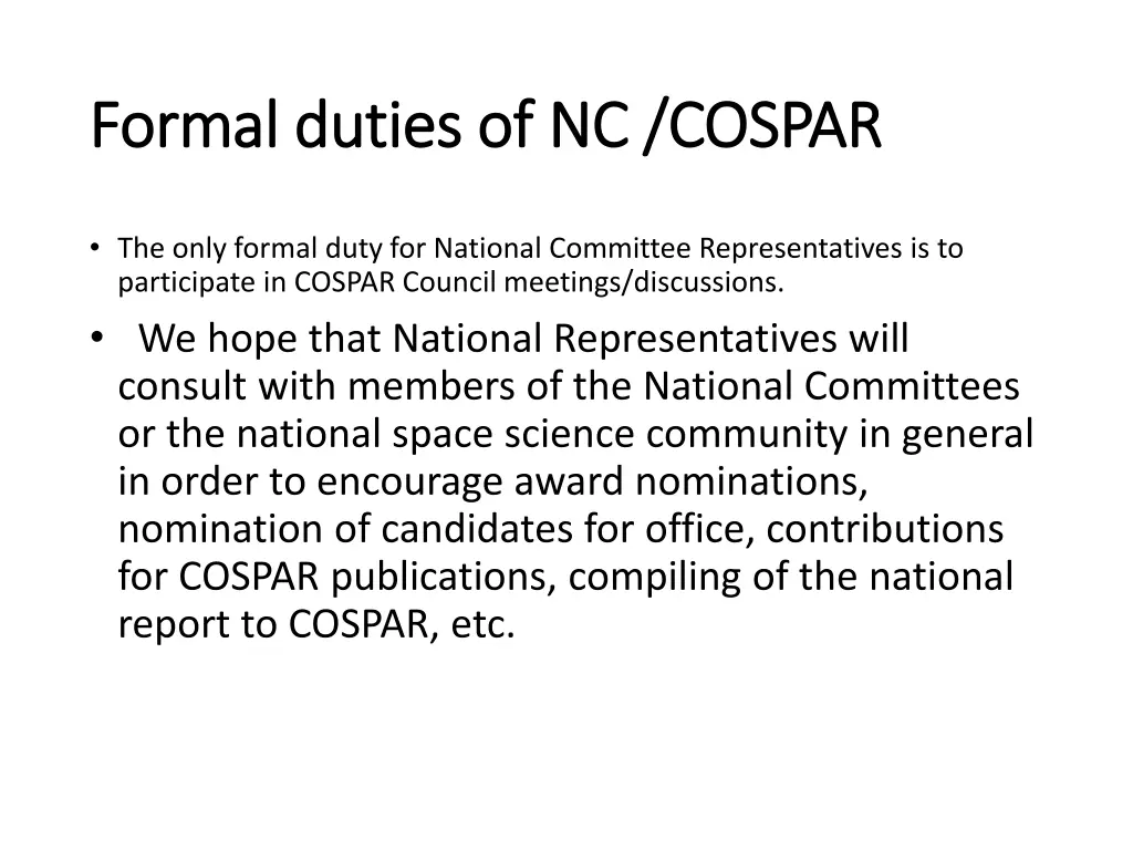 formal duties of nc cospar formal duties