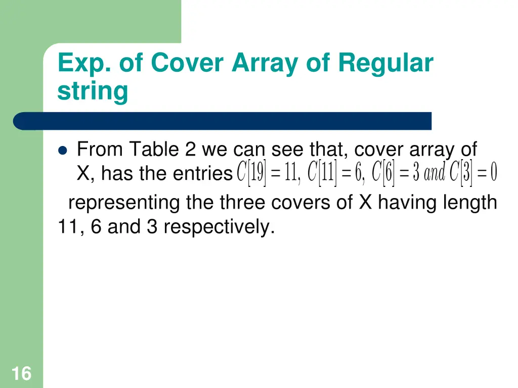 exp of cover array of regular string 1