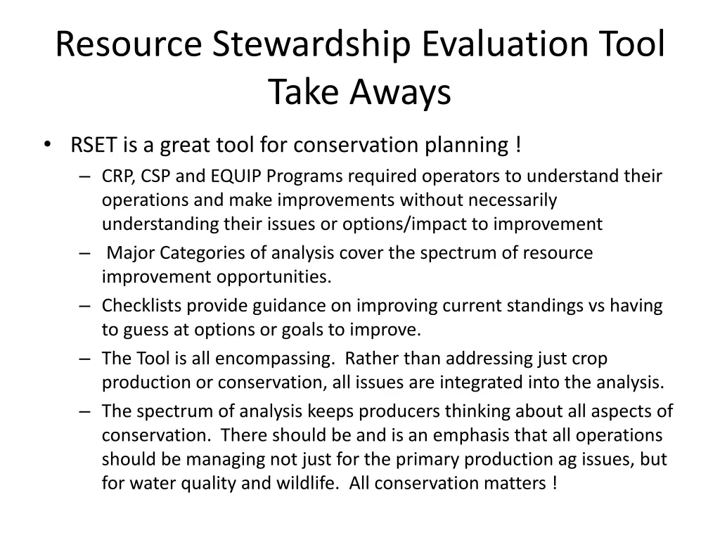 resource stewardship evaluation tool take aways