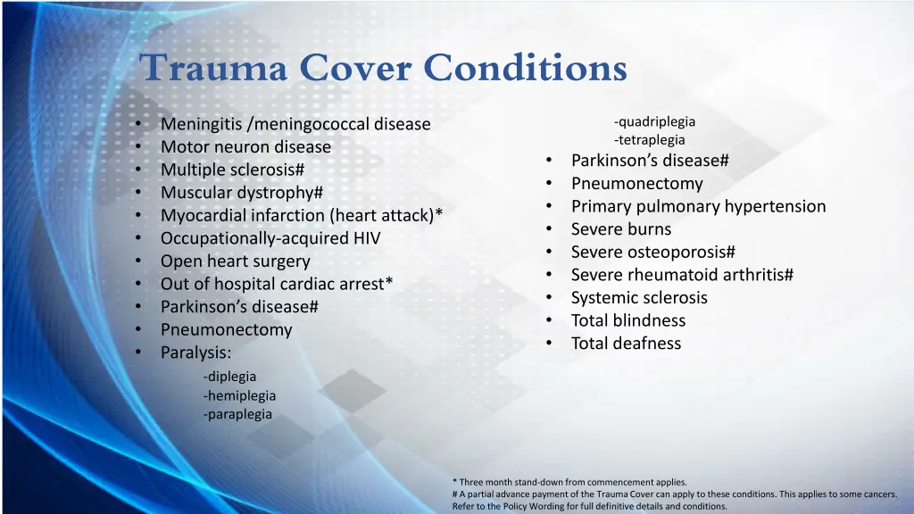 trauma cover conditions meningitis meningococcal