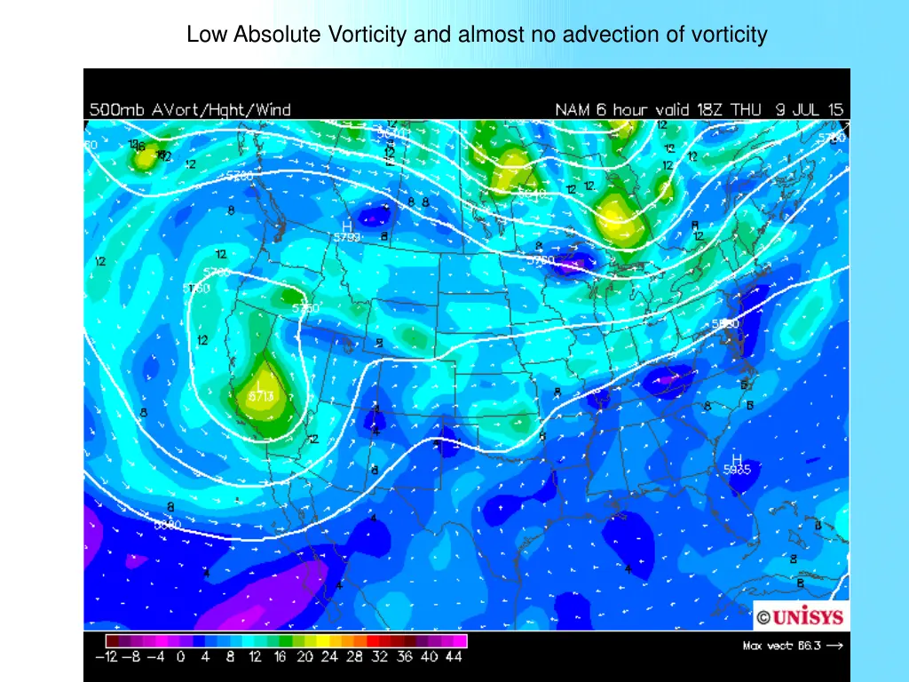 low absolute vorticity and almost no advection