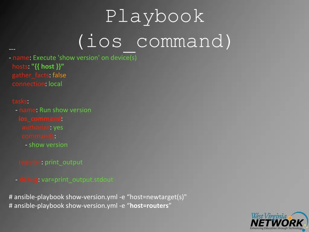 playbook ios command name execute show version