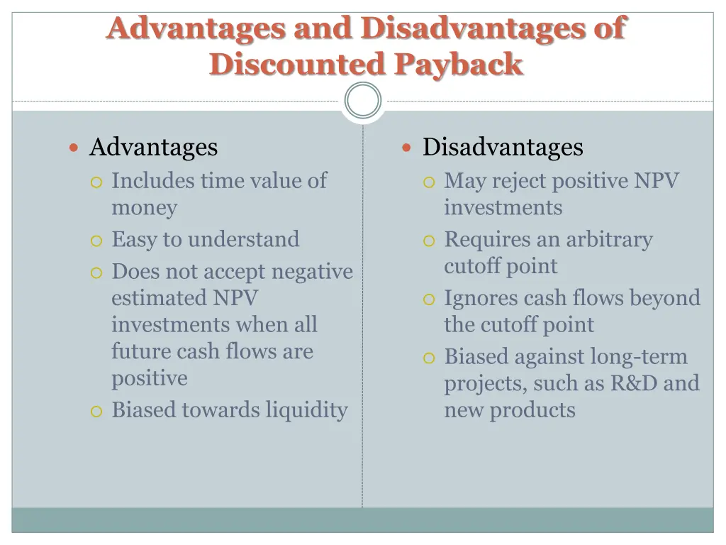 advantages and disadvantages of discounted payback