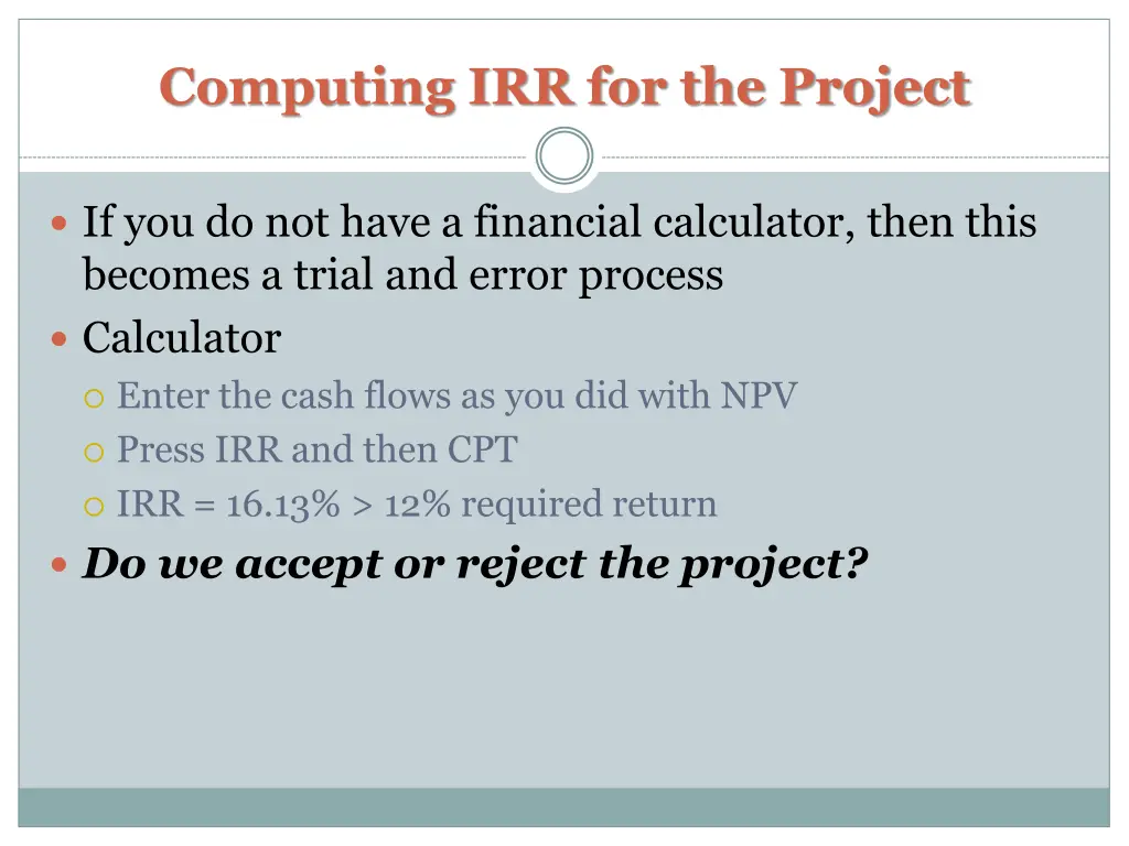 computing irr for the project