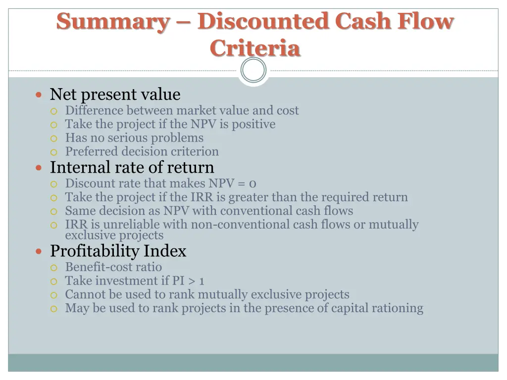 summary discounted cash flow criteria