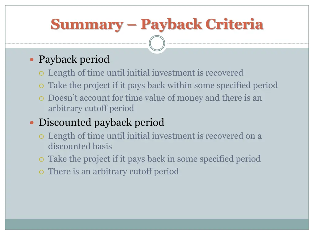 summary payback criteria