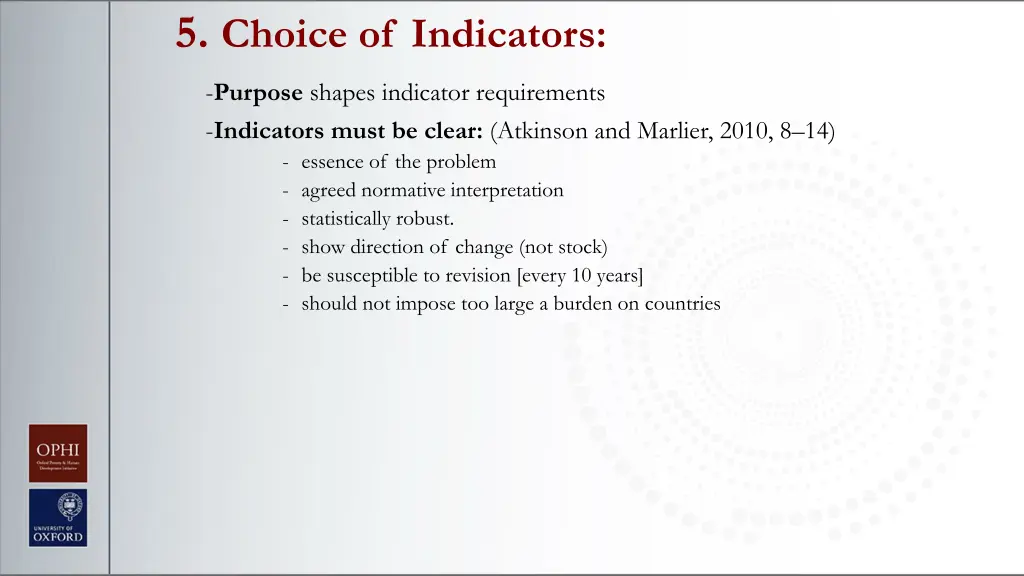 5 choice of indicators