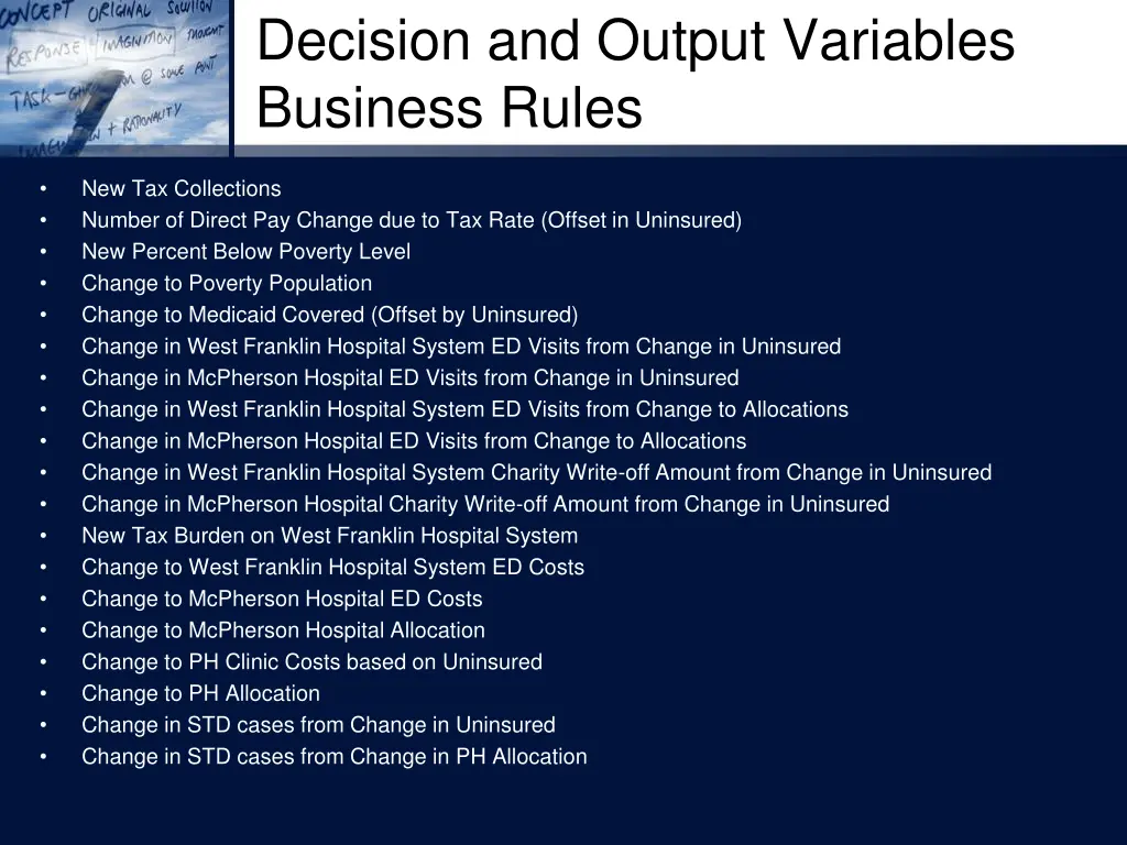 decision and output variables business rules