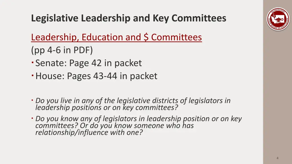 legislative leadership and key committees