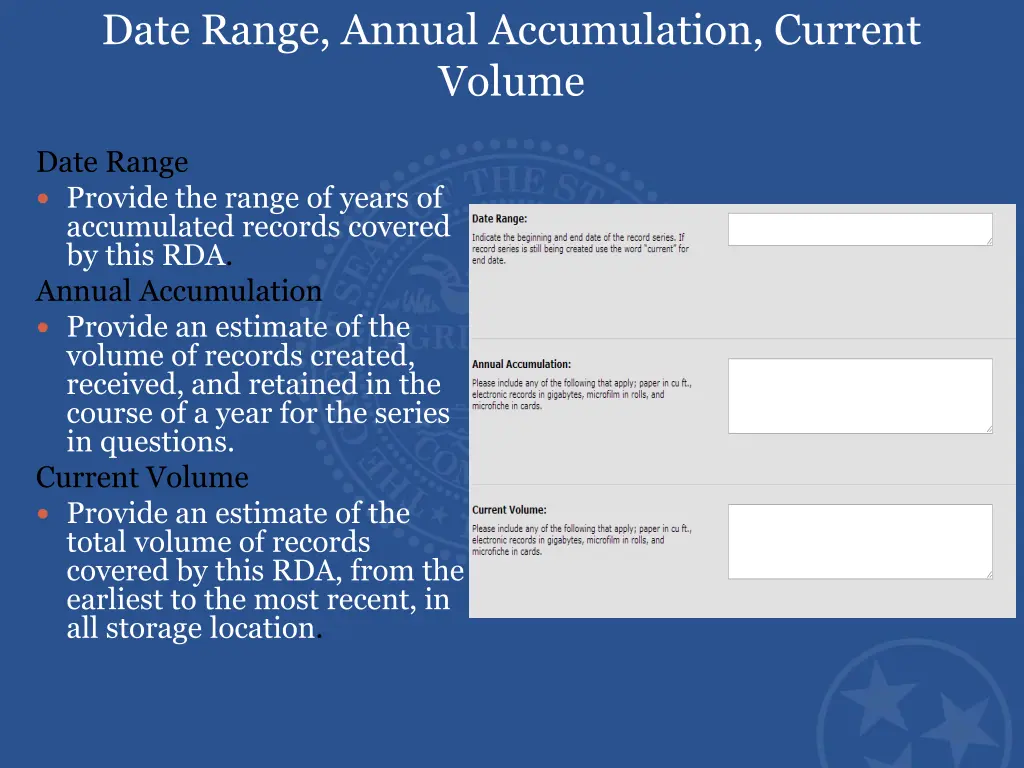 date range annual accumulation current volume