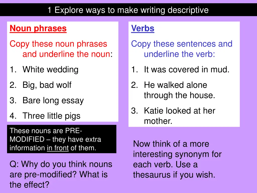 1 explore ways to make writing descriptive