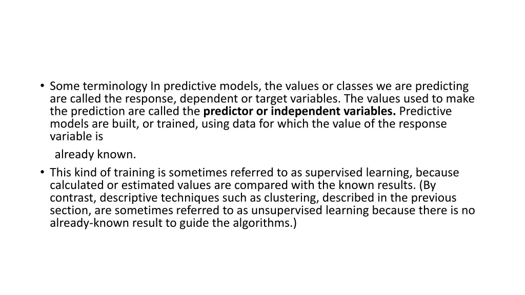 some terminology in predictive models the values