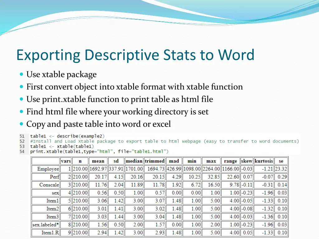 exporting descriptive stats to word